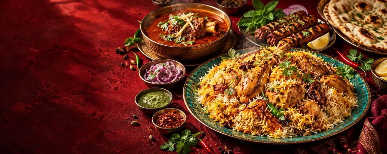 Golden biryani, rich nihari, seekh kababs and naan on a crimson table