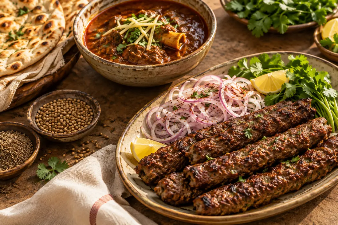 Seekh kababs and naan with bright fresh herbs